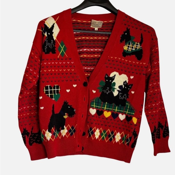 Susan Bristol Sweaters - RARE Vintage Susan Bristol 1992 Scottie Terrier Dog Cardigan Holiday Sweater M